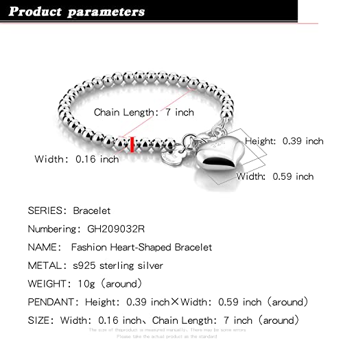 H&Beautimer 925 Sterling Silver 4-10MM Ball Chain Bracelet For Women's - Italian Handmade Bead Chain Bracelet 5''5.7''6.3''6.7''7.5''8''8.3''8.5''9 Inch Rose Gold Party Jewelry - color: 4MM Silver-Heart Pendant, size: 7.5 inches
