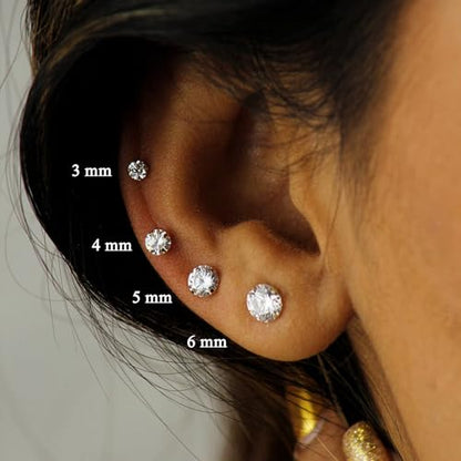 925 Sterling Silver Earrings, Cubic Zirconia Stud Earrings, Diamond Stud Earrings for Women - color: Gold-3mm,4mm,5mm,6mm,7mm