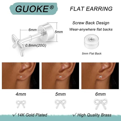 3 Pair Tiny Flat Back Earrings for Women - 14K Gold/White Gold Plated Dainty Cute Small Screw Flatback Stud Earring, Everyday Wear Gift - color: Bow Flat-4/5/6mm Silver