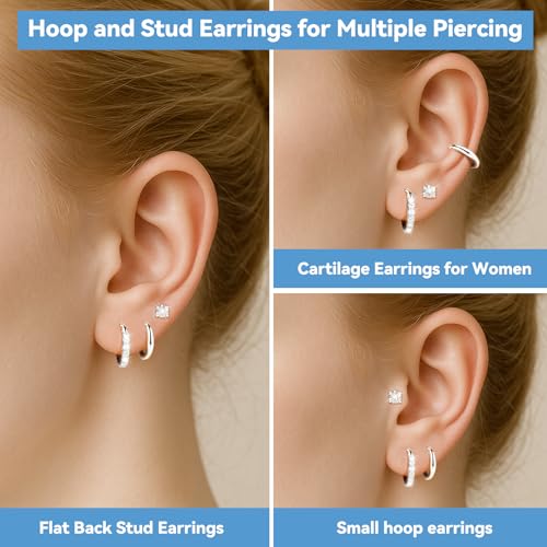 Silver/Gold Stud Hoop Earrings:Hypoallergenic Surgical Stainless Steel Small Cartilage Huggie Hoop Earrings Flat Back Earrings Screw Back and Flatback Stud Earrings for Women Multiple Piercing Sensitive Ears - style: Silver-(6mm+6mm)hoop earrings+4mm cz s
