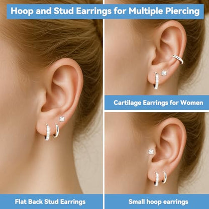 Silver/Gold Stud Hoop Earrings:Hypoallergenic Surgical Stainless Steel Small Cartilage Huggie Hoop Earrings Flat Back Earrings Screw Back and Flatback Stud Earrings for Women Multiple Piercing Sensitive Ears - style: Silver-(6mm+6mm)hoop earrings+4mm cz s