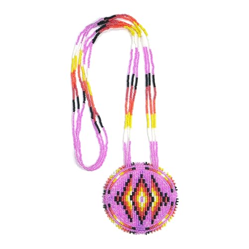 Handmade Native American Style Tribal ethnic Seed Bead Beaded Layered Medallion Necklace - color: Pink Geometric