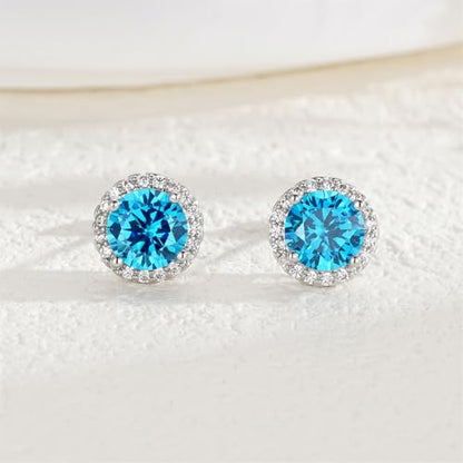 YOMELA Round Cubic Zirconia Stud Earrings for Women | Everyday Dainty, Diamond-Like Brilliance, CZ Halo Birthstone Studs, Hypoallergenic & Lightweight, Elegant & Versatile - color: Topaz Blue