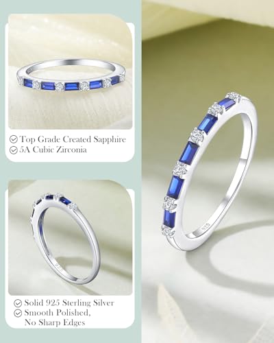 925 Sterling Silver 1.5mm Thin Baguette Stackable Rings for Women | Created Ruby/Sapphire/Emerald/Cubic Zirconia,Dainty Wedding Band Birthday Anniversary Jewelry(with Gift Box) - color: 05-Created Sapphire & CZ