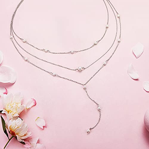 925 Sterling Silver Multilayer Layered Triple Long Chain Necklace for Women - style: Pearl Multilayer