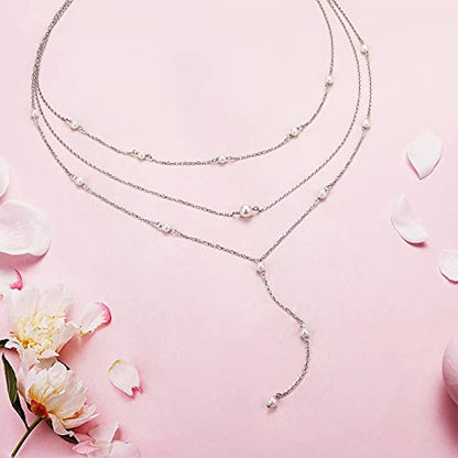 925 Sterling Silver Multilayer Layered Triple Long Chain Necklace for Women - style: Pearl Multilayer