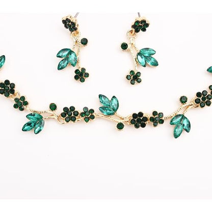 Brides Bridesmaid Flower Leaf Choker Necklace Dangle Earrings Link Bracelet Austrian Crystal Wedding Jewelry Set for Prom Costume Party Accessories for Woman - color: Emerald-Gold Plated