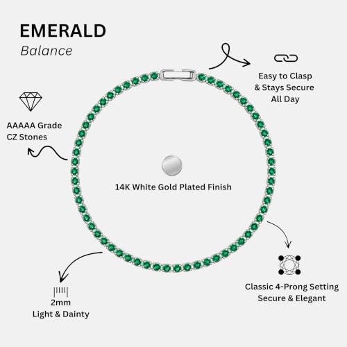 Tennis Bracelets for Women 2mm Dainty 14K Gold Plated CZ | 5A cubic zirconia, 4 prong sparkle, birthstone colors, 6.5-7.5 inches, fold over clasp, tarnish resistant, waterproof - color: Emerald Green