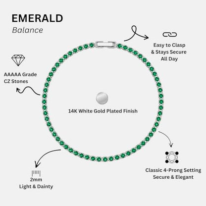Tennis Bracelets for Women 2mm Dainty 14K Gold Plated CZ | 5A cubic zirconia, 4 prong sparkle, birthstone colors, 6.5-7.5 inches, fold over clasp, tarnish resistant, waterproof - color: Emerald Green