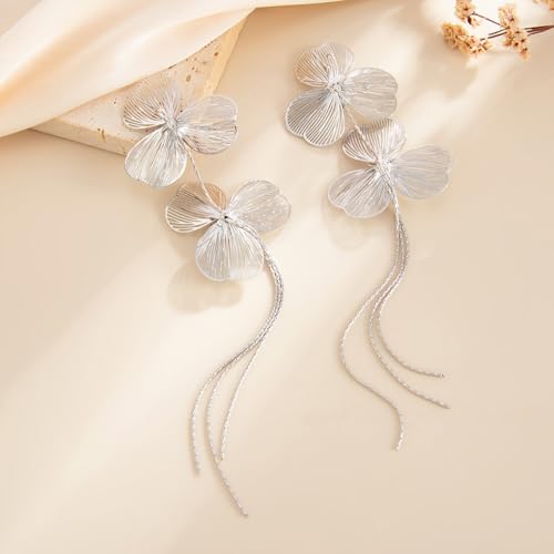 Gold Flower Tassel Dangle Earrings for Women,Boho Chunky Floral Long Fringe Statement Earring,Fashion Spring Jewelry Party Prom Accessories - color: Silver