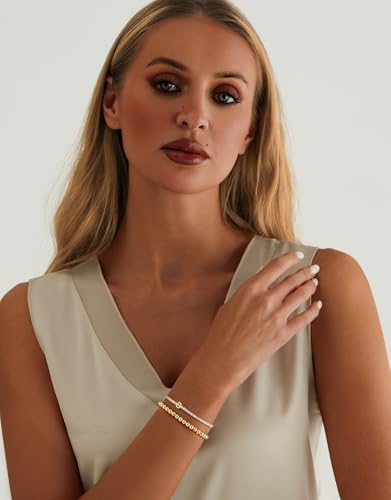 14K Gold Plated Bracelets for Women Dainty Tennis Initial Bracelet Trendy Beaded Stackable Charm Bracelets Layered Waterproof Bracelet Dainty Bracelet for Women Jewelry Gifts - style: B