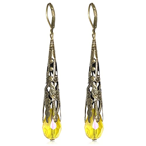 Indian Ethnic Vintage Gold Brone Sparkly Crystal Teardrop Dangle Drop Earrings Bohemian Gypsy Retro Rhinestone Hook Earrings for Women Love Statement Jewelry Gift - color: Light Yellow