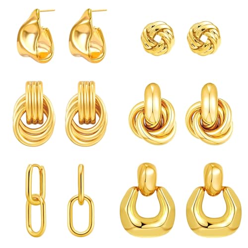 6 Pairs Gold Dangle Earrings for Women, 14K Gold Plated Earrings Geometric Knot Drop Huggie Earrings Trendy Jewelry Gifts - color: A Gold