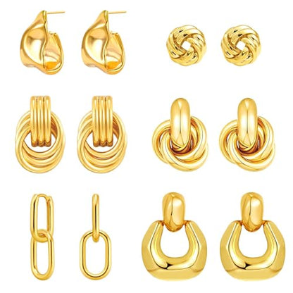 6 Pairs Gold Dangle Earrings for Women, 14K Gold Plated Earrings Geometric Knot Drop Huggie Earrings Trendy Jewelry Gifts - color: A Gold