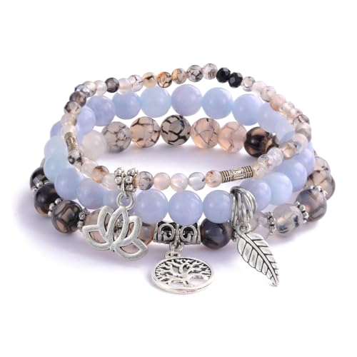 Tree of Life Yoga Healing Stone Bracelets,Multilayer Lotus Chakra Stone Reiki Bracelet Sets,Anxiety Crystal Natural Stone,for Women Stress Relief - style: Black dragon agate + aquamarine