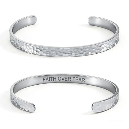 Inspirational Bible Verse Cuff Bracelet for Women, 18K Gold Plated Hammered Bangle, Christian Faith Jewelry Gift, Adjustable Non Tarnish - color: FAITH OVER FEAR-Silver