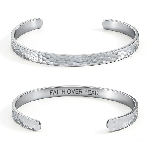 Inspirational Bible Verse Cuff Bracelet for Women, 18K Gold Plated Hammered Bangle, Christian Faith Jewelry Gift, Adjustable Non Tarnish - color: FAITH OVER FEAR-Silver