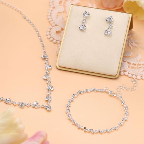 Jstyle Silver Bridal Wedding Jewelry Set Crystal Necklace Bracelet Dangle Earrings Set for Bride Bridesmaid Rhinestone Necklace Prom Costume Jewelry Set Accessories for Women