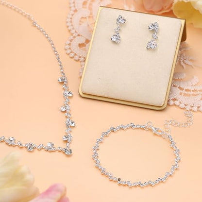 Jstyle Silver Bridal Wedding Jewelry Set Crystal Necklace Bracelet Dangle Earrings Set for Bride Bridesmaid Rhinestone Necklace Prom Costume Jewelry Set Accessories for Women