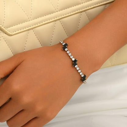 18K Gold Plated Cubic Zirconia Tennis Bracelet for Women Sparkling Stackable Stainless Steel Jewelry Hypoallergenic Tarnish Resistant Bridal Gift - color: Black Baguette CZ-Gold