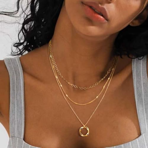 Gold Layered Necklaces for Women, 14K Gold Plated Paperclip Snake Chain Necklace Set, Dainty Coin Cross Tear Pendant Layering Choker Necklaces, Simple Trendy Stackable Jewelry Gifts - color: 3PCS / Twisted Circle & 2 Chains