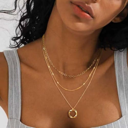 Gold Layered Necklaces for Women, 14K Gold Plated Paperclip Snake Chain Necklace Set, Dainty Coin Cross Tear Pendant Layering Choker Necklaces, Simple Trendy Stackable Jewelry Gifts - color: 3PCS / Twisted Circle & 2 Chains