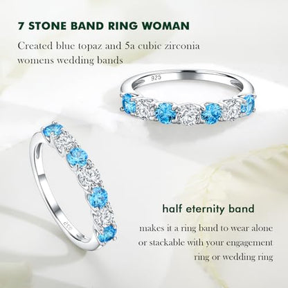 Birthstone Wedding Band Eternity Rings 925 Sterling Silver Rings Stackable Anniversary Engagement Rings Cubic Zirconia Inlaid Created Garnet/Amethyst/Sapphire Ring 7 Stone Ring, Size 6 to 10 - color: Blue Topaz & 5A CZ