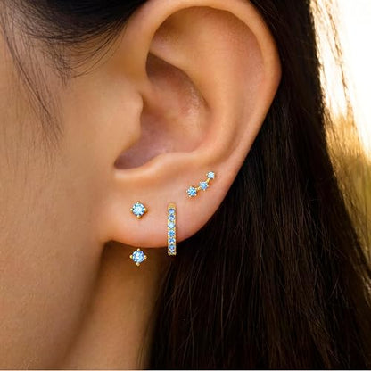 3 Pairs Dainty Small Earrings Set for Women Trendy, Birthstone Stud Huggie Hoop Jacket Stack for Cartilage Helix, Gold Plated Hypoallergenic Cute Women Fashion Accessories Western Jewelry Gifts - color: 03Blue Created Aquamarine-Mar (Gold)