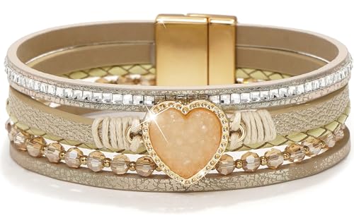 Suyi Multilayer Leather Wrap Bracelet Heart-Shape Wide Bracelets for Women - color: Khaki 2