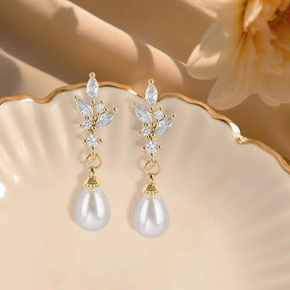 Pearl Earrings for Women, 14k Gold Plated Trendy Diamond Pearl Drop Earrings Hypoallergenic Dainty Bridal Gifts Wedding jewelry for Women - color: Silver-Pearl Style E