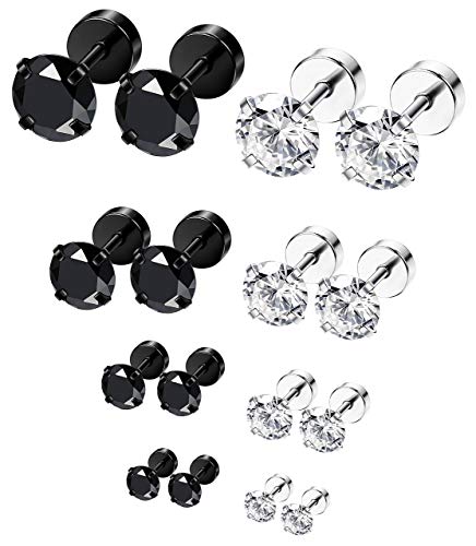 ORAZIO 6Pairs Hypoallergenic Flat Back Earrings 316L Stainless Steel Studs for Sensitive Ears, 3-8mm Cubic Zirconia, Stylish Jewelry for Women Men - Silver - color: Silver/Black Plating