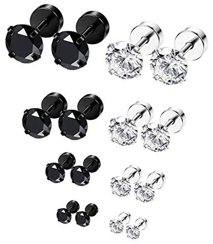 ORAZIO 6Pairs Hypoallergenic Flat Back Earrings 316L Stainless Steel Studs for Sensitive Ears, 3-8mm Cubic Zirconia, Stylish Jewelry for Women Men - Silver - color: Silver/Black Plating