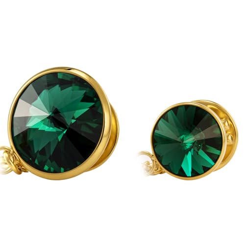 HAWSON Birthstone Brooch Pin for Men with Hanging Chain & Crystal, Mens Gold Tone Lapel Pin for Wedding/Birthday/Party Dress Suits Accessories - color: May Emerald