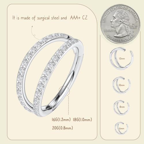 AROWRO Conch Piercing Jewelry Nose Rings Hoops Septum Cartilage Helix Rook | Surgical Steel Gold Silver Cartilage Earrings for Women Tragus Helix Piercing Jewelry 16G 18G 20G With Cubic Zirconia Opal - color: Silver-D1 Clear CZ, size: 16G(1.2mm)-12mm