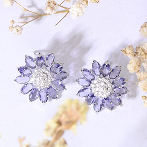 Crystal Flower Burst Stud Earirings - Big Sterling Silver CZ Cubic Zirconia Rhinestone Daisy Sunflower Floral Cluster Studs Bridal Wedding Party Prom Costume Jewelry for Bride Bridesmaids Women Birthstone Birthday Gift - color: Purple