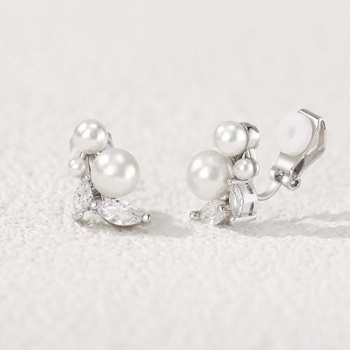 Crysdue Clip On Simulated Pearl Earrings, Sparkle Cubic Zirconia Stud Earring Wedding Jewelry for Women Brides Bridesmaid Silver