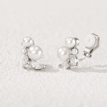 Crysdue Clip On Simulated Pearl Earrings, Sparkle Cubic Zirconia Stud Earring Wedding Jewelry for Women Brides Bridesmaid Silver