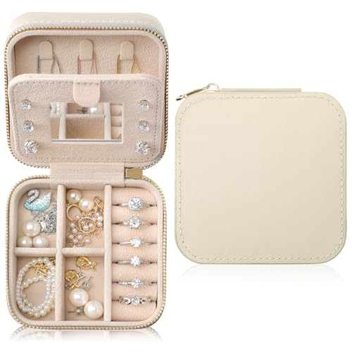 Genuine Leather Travel Jewelry Organizer Case with Mirror for Women, Small Mini Portable Jewelry Box for Earring, Ring, Necklace, Bracelet（Cream） - color: Nappa Leather Cream