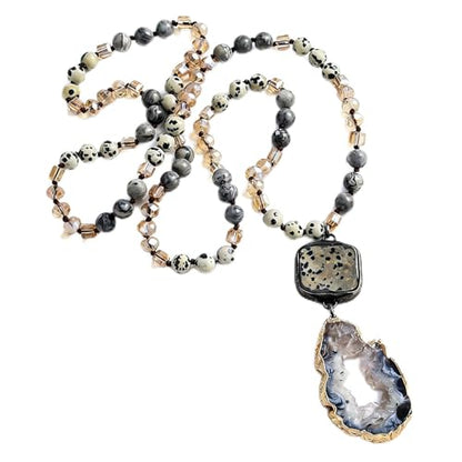 Yomisa Long Necklaces for Women Trendy, 33/34/35 inch | Boho Beaded Necklaces for Women, Natural Stone Pendant, Handmade Knotted Bead, Bohemian Holiday Summer Western Charm Jewelry - color: 34inch-Dalmatian Stone