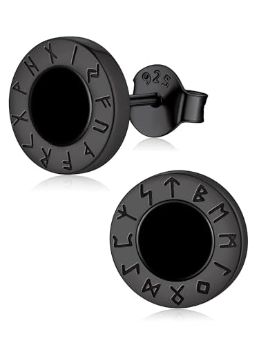 ChicSilver 925 Sterling Silver Viking Rune Natural Black Onyx Stud Earrings For Women Men - style: B: Front Runes-Black