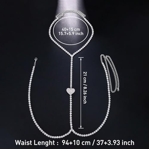 Body Chain Jewelry for Women, Layered Waist Chain for Bikinis | Sexy Body Jewelry, Adjustable Fit, Chest Belly Chain, Gold & Silver Options, Beach Vacation, Festivals Raves & Concerts - style: Heart1