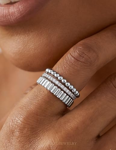 3Pcs Stackable Gold Rings Set for Women Cubic Zirconic Ribbed Bead Jewelry | 14K Gold & Silver Plated, Non Tarnish, Dainty Stacking Design, Trendy Gift - color: Silver