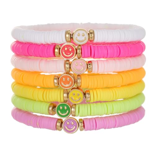 Friendship Bracelets for Women - Heishi Surfer Colorful Smile Evil Eye Clay Beaded Stretch Bracelets Elastic Layering - Stackable Boho Disc Y2K Aesthetic Summer Jewelry Set. - color: COLORFUL SMILE