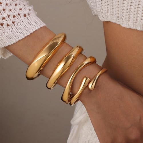 4 Pcs Chunky Gold Jewelry Set for Women, 14K Gold Plated Cuff Choker Collar Necklace, Teardrop Drop Earrings, Teardrop Wrap Ring, Hinged Cuff Bangle Bracelets, Statement Fashion Jewelry - color: 4 Pcs Gold Bracelet Set A