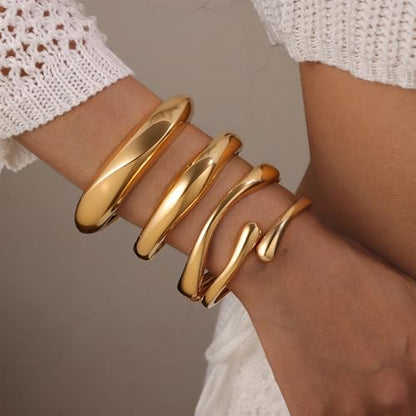 4 Pcs Chunky Gold Jewelry Set for Women, 14K Gold Plated Cuff Choker Collar Necklace, Teardrop Drop Earrings, Teardrop Wrap Ring, Hinged Cuff Bangle Bracelets, Statement Fashion Jewelry - color: 4 Pcs Gold Bracelet Set A