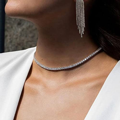 Luxval Tennis Necklace 14K Gold Plated Rhinestone Butterfly Choker Necklaces for women Dainty Zirconia Cut Faux Diamond chain 3mm - color: Tennis Necklace+Rhinestone Earrings-2pcs