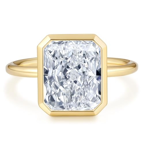 Radiant Cut Moissanite Engagement Ring for Women, Bezel Set Solitaire Ring | D Color VVS1 925 Sterling Silver 14K Gold Plated Wedding Ring, Available in 2CT 3CT 5CT, Diamond Alternative Promise Jewelry - style: 01 - Yellow Gold - 5CT Radiant Moissanite