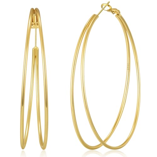 Large Thin Double Hoop Earrings for Women Lightweight Hypoallergenic 925 Sterling Silver Post 14K Gold Hoops Non Tarnish Sturdy Big Thin Double Layered Hoop Earrings 30/40/50/60mm - color: Gold, size: 60mm