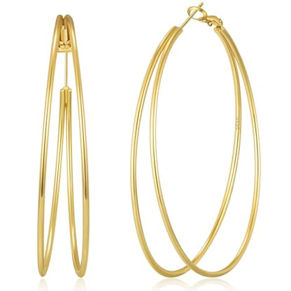 Large Thin Double Hoop Earrings for Women Lightweight Hypoallergenic 925 Sterling Silver Post 14K Gold Hoops Non Tarnish Sturdy Big Thin Double Layered Hoop Earrings 30/40/50/60mm - color: Gold, size: 60mm