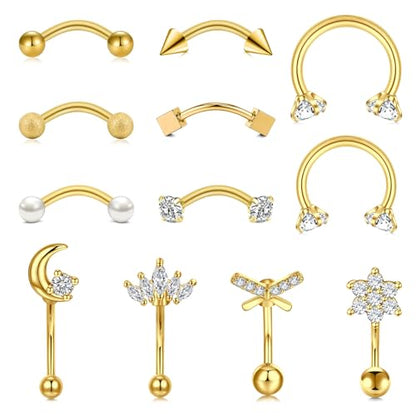 AVYRING 16g Rook Piercing Jewelry Gold Silver Eyebrow Rings Curved Barbell Daith Earrings for Women Horseshoe Septum Hoop Helix Earrings Surgical Steel Belly Button Rings Vertical Labret Lip Jewelry - style: B2- 12pcs- gold
